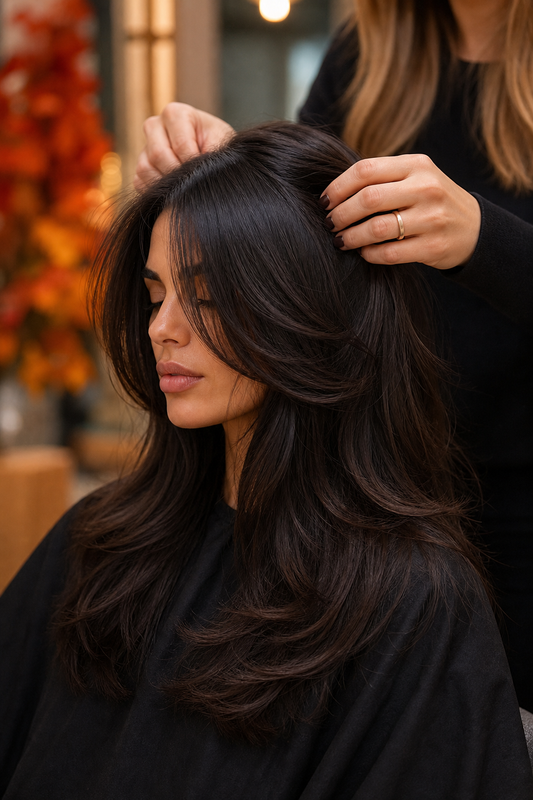 Stylist prepping smooth glossy hair for fall keratin service