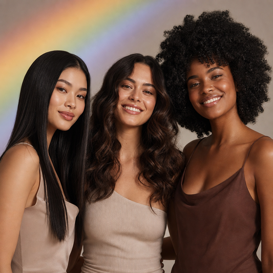 Three diverse women with different hair types - straight wavy coily - inclusive beauty Pride Month